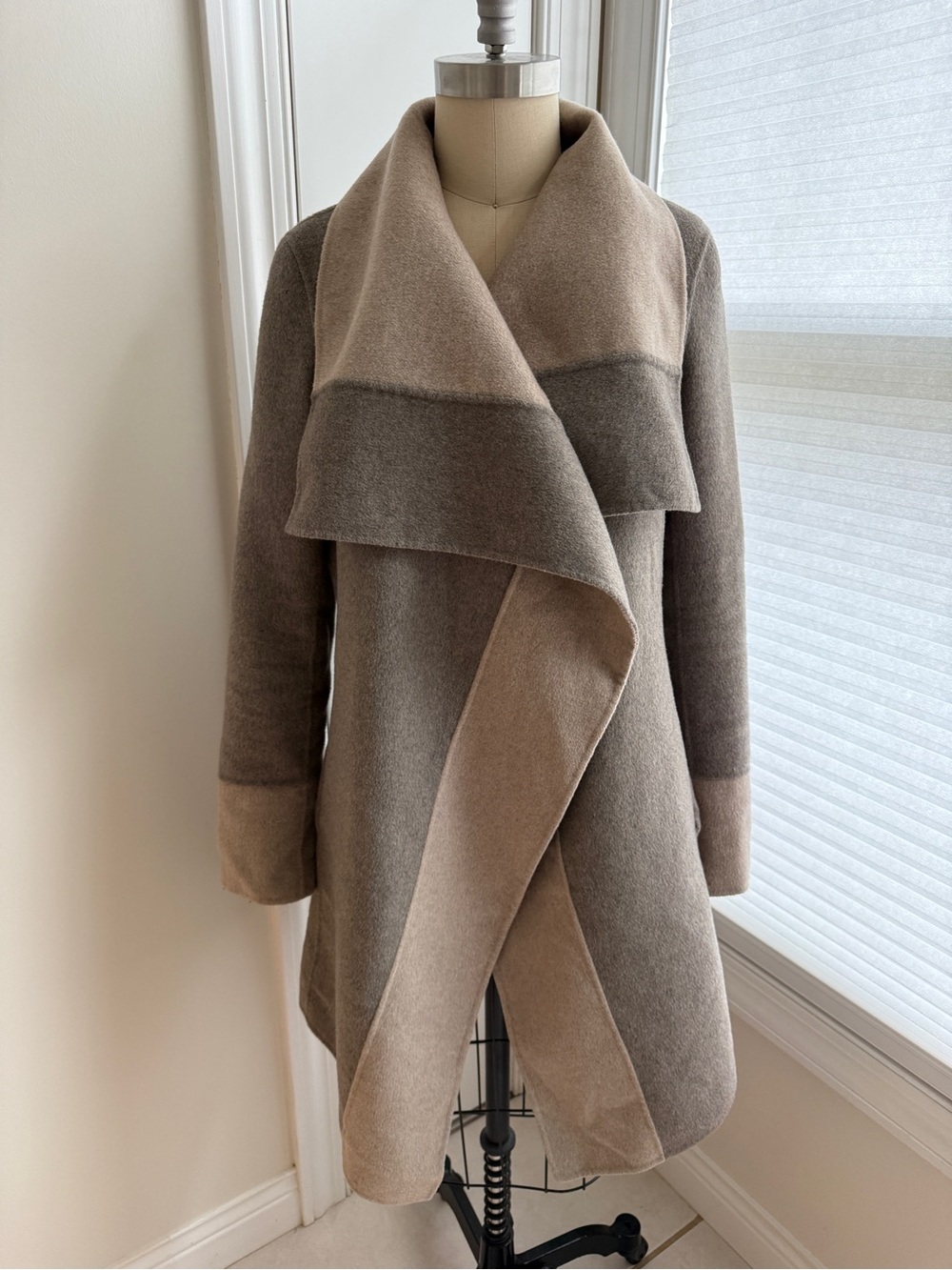 Diane Von Furstenberg Reversible Wool Two-Tone Taupe Draped Coat